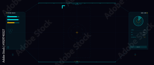 This sci-fi heads-up display shows system health metrics, a circular radar scanner, and target locking crosshairs on a dark blue background with cyan and orange accents.