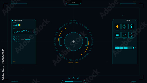 A futuristic digital head-up display interface featuring scanning reticles, link status graphs, and system icons in cyan and orange colors on a dark background for a sci-fi look.
