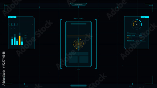A futuristic digital interface displays a target locked on a mobile device screen surrounded by data sync charts and system status indicators in cyan and yellow colors.