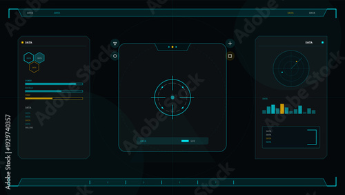 A futuristic digital head-up display featuring a central targeting crosshair, radar scanner, data charts, and progress bars on a dark background with cyan and yellow accents.