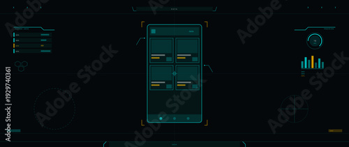 A futuristic digital interface displays data tracking and system information on a dark background. A central mobile device screen shows a grid layout with teal and yellow accents.