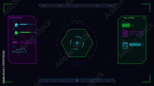 A futuristic digital heads-up display interface featuring a central scanning hexagon, link status panels, data system icons, and various progress bars on a dark grid background.