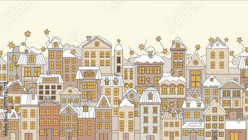Beautiful winter town illustration shows a dense cluster of snow covered houses under a night sky filled with glowing golden stars.