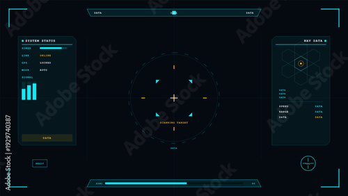 A futuristic digital head-up display interface featuring a central scanning target reticle, system status panels, navigation data, and various telemetry indicators on a dark background.
