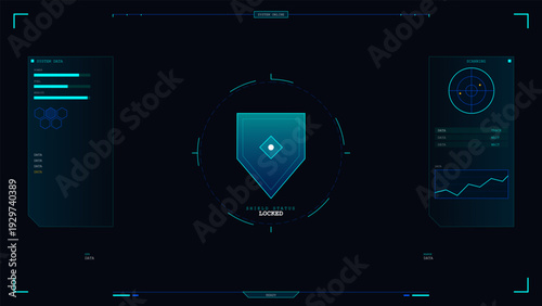 A futuristic digital head-up display interface featuring a central shield icon, system data bars, a scanning radar, and various technical readouts in a cyan and dark blue color scheme.