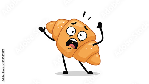 Shocked cartoon croissant character with wide eyes and open mouth expressing total disbelief on a plain white background.