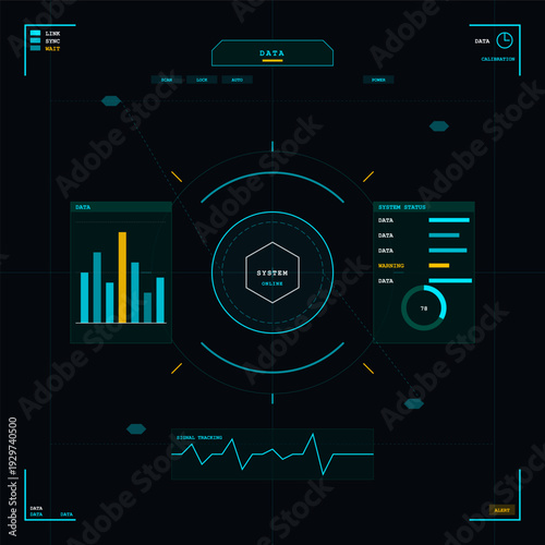 This futuristic digital interface display features various data visualizations, bar charts, signal tracking waveforms, and system status indicators on a dark blue background.