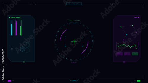 A futuristic digital heads-up display featuring system health bars, a target lock crosshair, and data visualization graphs in neon green, cyan, and purple on a dark background.