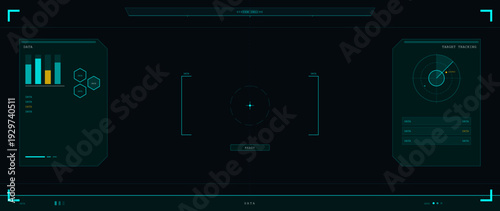 A futuristic digital head-up display interface featuring data charts, a central targeting reticle, and a radar tracking system in cyan and yellow tones on a dark background.
