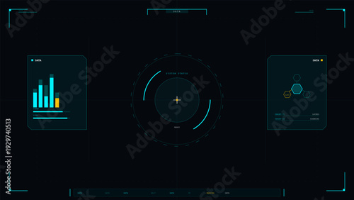A futuristic digital heads up display interface featuring data charts, system status indicators, and target scanning modules on a dark background with cyan and yellow accents.