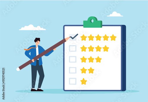 Flat illustration of businessman use pencil to give five star evaluation in feedback survey.