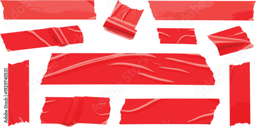 Red Duct Tape and Adhesive Masking Tape Vector Set with Realistic Wrinkles, Creases, and Torn Edges for Creative Graphic Design and Industrial Textures