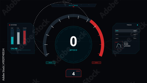 A futuristic digital dashboard interface featuring a central speedometer showing zero speed, system status bars for temperature and fuel, and a track data panel on a dark background.