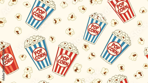 Fun seamless pattern featuring red and blue striped popcorn buckets and scattered popped kernels on a light cream background.
