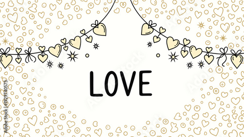 Romantic Love typography surrounded by decorative hanging hearts and stars over a background of small circles and heart shapes.