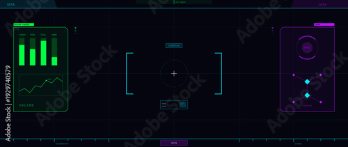 A futuristic digital head-up display interface featuring system status bars, scanning crosshairs, and data tracking modules in green, cyan, and purple colors on a dark grid background.