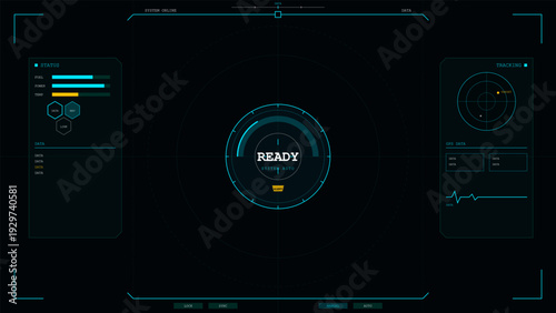 A futuristic digital head-up display interface featuring a central circular gauge with ready status, tracking radar, system data bars, and various technical monitoring indicators.