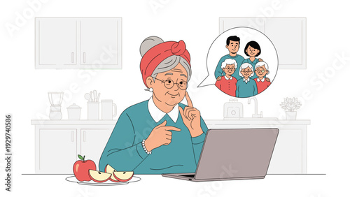 Senior woman sitting at her kitchen table using a laptop and thinking about her family during a virtual video call connection.