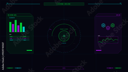 A futuristic digital heads-up display interface featuring neon green and purple data visualizations, including bar charts, line graphs, and a central circular targeting radar system.