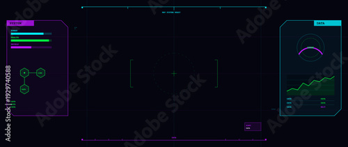 A futuristic heads-up display interface with neon cyan, magenta, and green elements. It includes system status bars, a central targeting reticle, and data visualization graphs on a dark background.