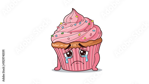 Sad cartoon cupcake character with pink frosting and colorful sprinkles shedding large tears on a plain white background area.