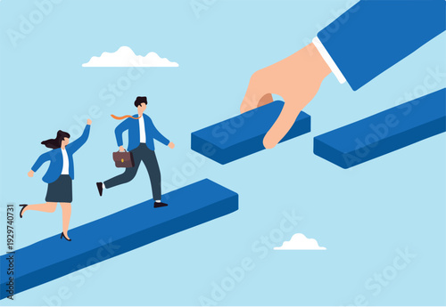 Flat illustration of business team crossing gap as giant hand places final bridge block to overcome challenge with leadership support.