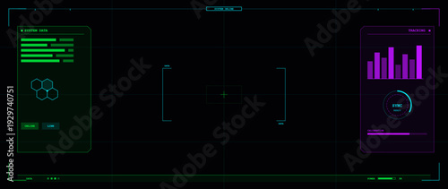 Digital user interface with neon green and purple data panels, tracking graphs, and a central crosshair on a black background. This HUD design represents advanced technology.