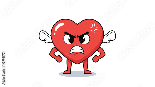 Fierce cartoon red heart character with white wings displaying an angry expression with clenched fists on a white background.