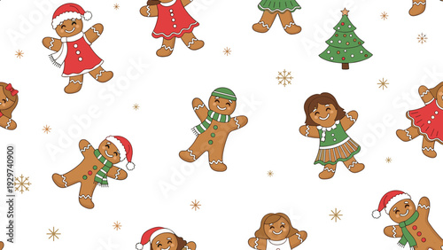 Delightful seamless pattern featuring gingerbread men and women in festive outfits with small Christmas trees on a white backdrop.