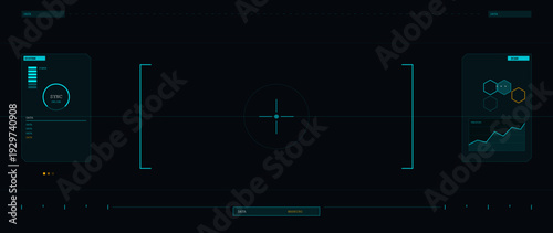This futuristic head up display interface includes a central targeting reticle, system status panels, and data tracking graphs rendered in teal and orange on a black background.