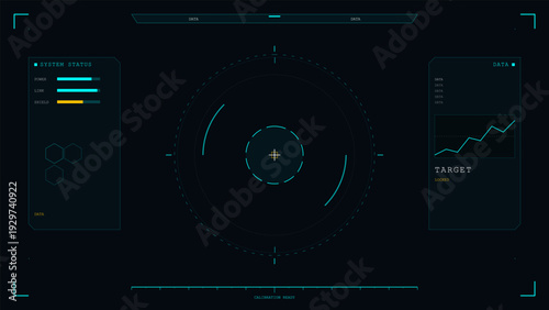 This futuristic digital heads-up display interface features a central targeting reticle, system status bars, and data panels on a dark background for a sci-fi aesthetic.