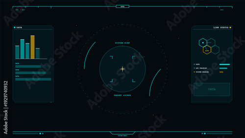 This futuristic digital interface displays a central targeting reticle with system scan data, bar charts, and link status indicators on a dark high-tech background.
