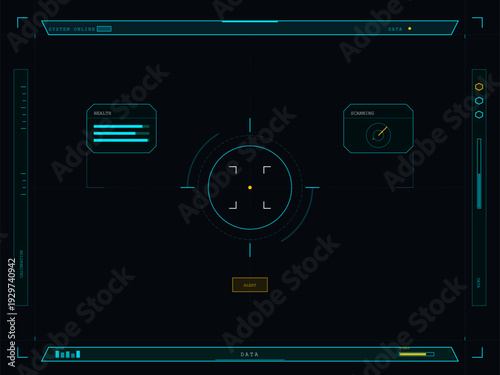 A futuristic digital head-up display interface featuring a central targeting reticle, health bars, scanning radar, and system status indicators in cyan and yellow on a dark background.