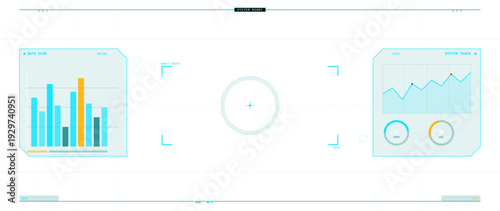 This futuristic digital head-up display interface features data scan bar charts, system tracking line graphs, and circular power gauges on a clean white background with a central reticle.