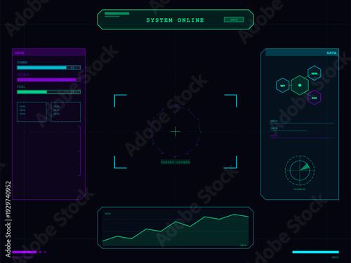 A futuristic digital head-up display interface featuring system status indicators, target locking crosshairs, data graphs, and scanning radar in neon green, cyan, and purple colors.