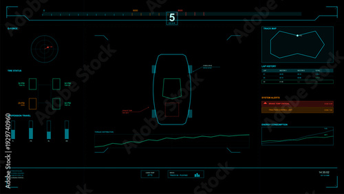A high-tech digital vehicle dashboard displays real-time telemetry data including tire pressure, suspension travel, track map, and system alerts on a dark interface.