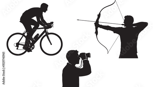 Sports silhouettes set with cyclist on road bike, archer aiming bow and arrow, and photographer using binoculars icons