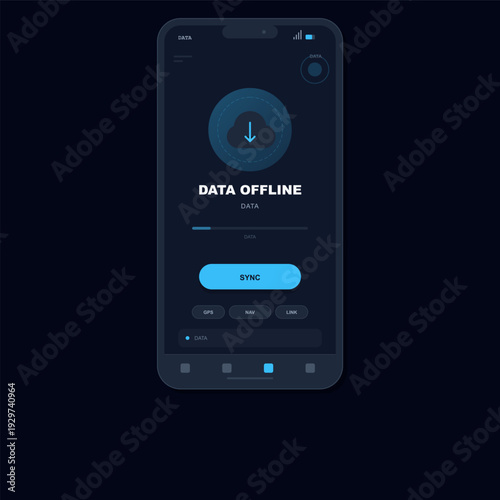 This digital illustration features a smartphone displaying a data offline notification screen with a sync button and cloud icon on a dark blue background for mobile app design.