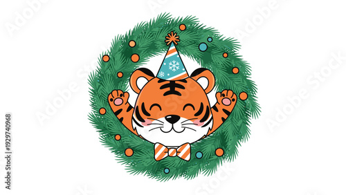 Adorable cartoon tiger wearing a party hat and bowtie peeking through a lush green Christmas wreath on a clean white background.