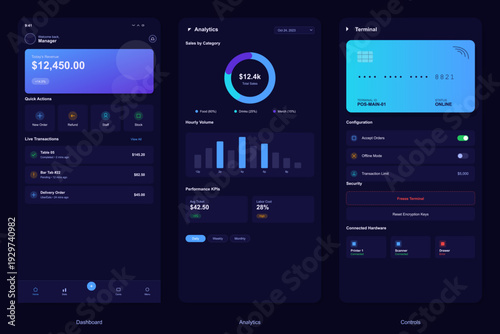 This set of three mobile application interface screens displays a business management dashboard, sales analytics with charts, and terminal hardware control settings.