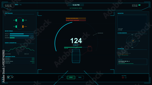 A futuristic digital dashboard interface for an autonomous vehicle displays real-time data including speed, tire pressure, and navigation on a dark screen with neon blue accents.