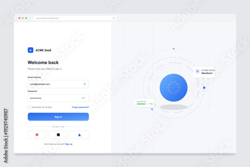 This modern web interface displays a secure login screen with input fields for email and password, social authentication options, and a futuristic graphic showing system status.