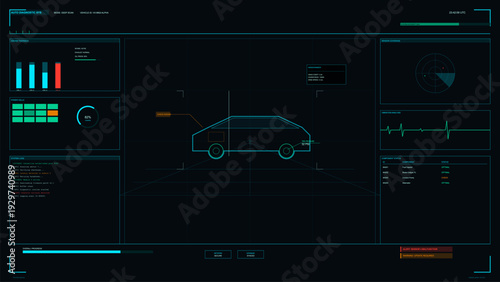 This futuristic auto diagnostic interface features a wireframe car model, engine thermal bar charts, power cell status, and real-time system logs on a dark digital display.