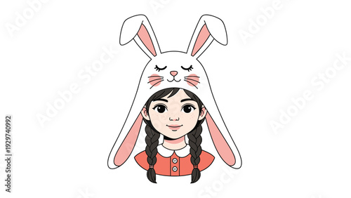 Sweet portrait illustration of a young girl with black braids wearing a cute white bunny hat with long ears on a white background.