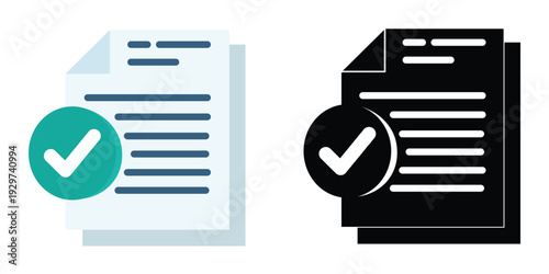 Approved document verification icon – checklist approval, validated file and confirmed report line icon set