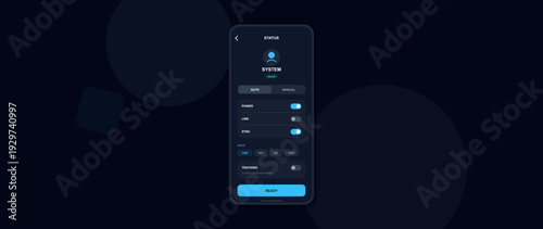 A mobile application interface on a smartphone screen shows a system status dashboard with toggle switches for power and sync. The design uses a dark theme with blue accents.