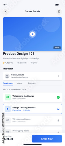 A mobile application interface displays details for a product design course, featuring a video player, instructor profile, curriculum list, and an enrollment button at the bottom.