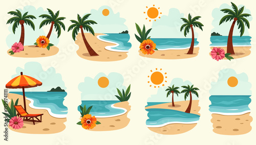 A serene illustration depicting a beach with a sun umbrella and lounge chair. Perfect for conveying themes of vacation, leisure, and summertime escape