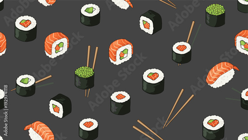Delicious seamless pattern of various sushi rolls and wooden chopsticks over a dark gray background for Japanese cuisine themes.