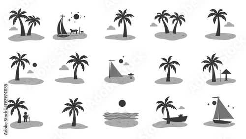 A minimalist illustration featuring a lone figure on a tropical island. Ideal for concepts of isolation, escapism, or a yearning for adventure, convey